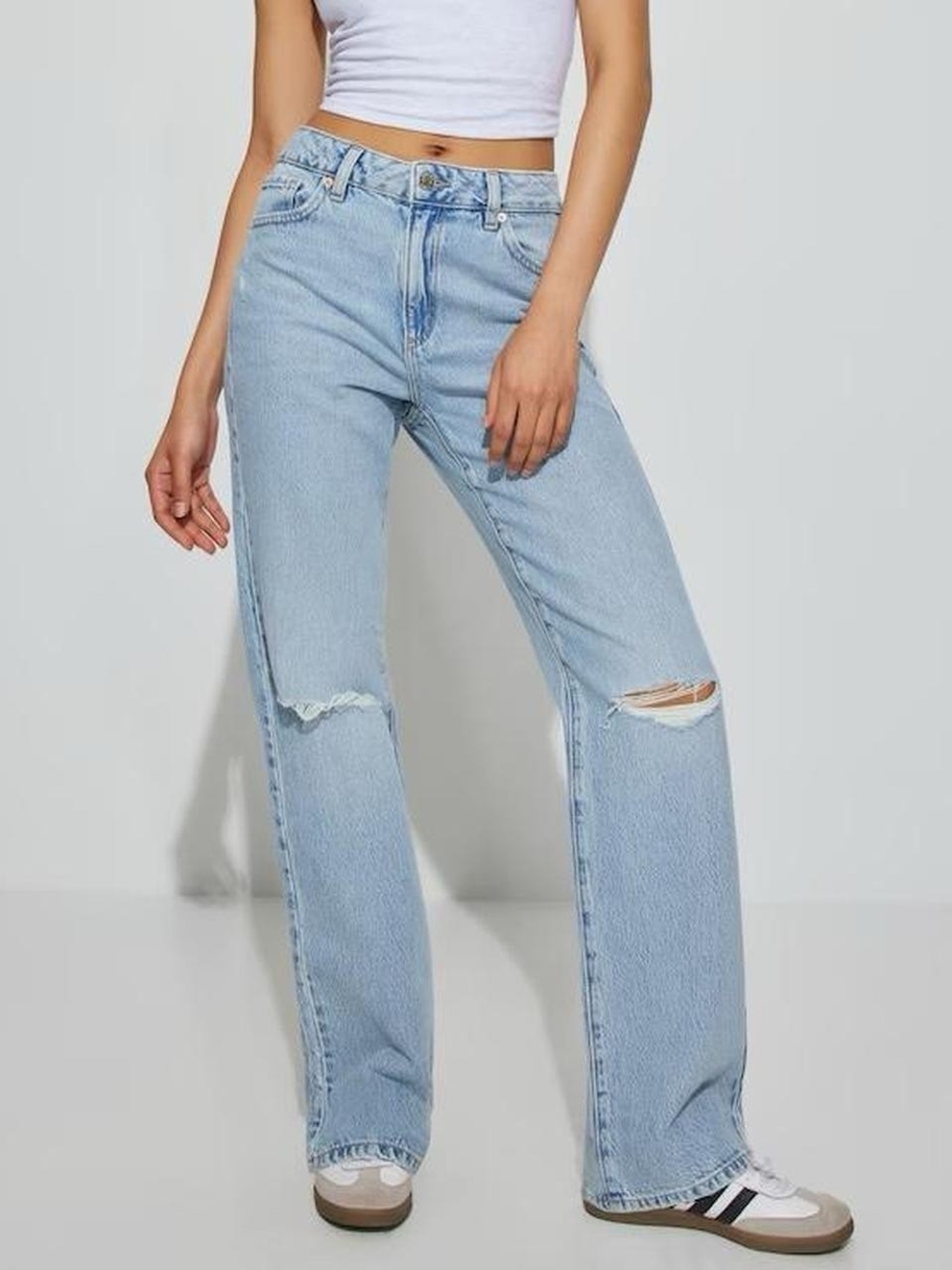 Garage Light Wash Straight Leg Jeans with Knee Distress - Women